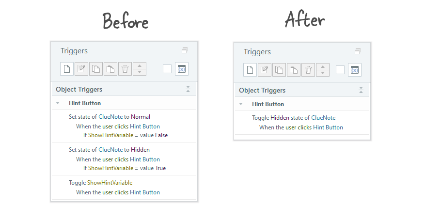 Before-after comparison of Storyline 360's toggle state trigger